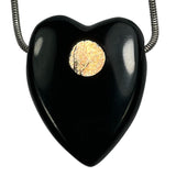DVH Jet Mourning Heart Bead Pendant Sunstone Inlay Jewelry 35x28x10 (5882)