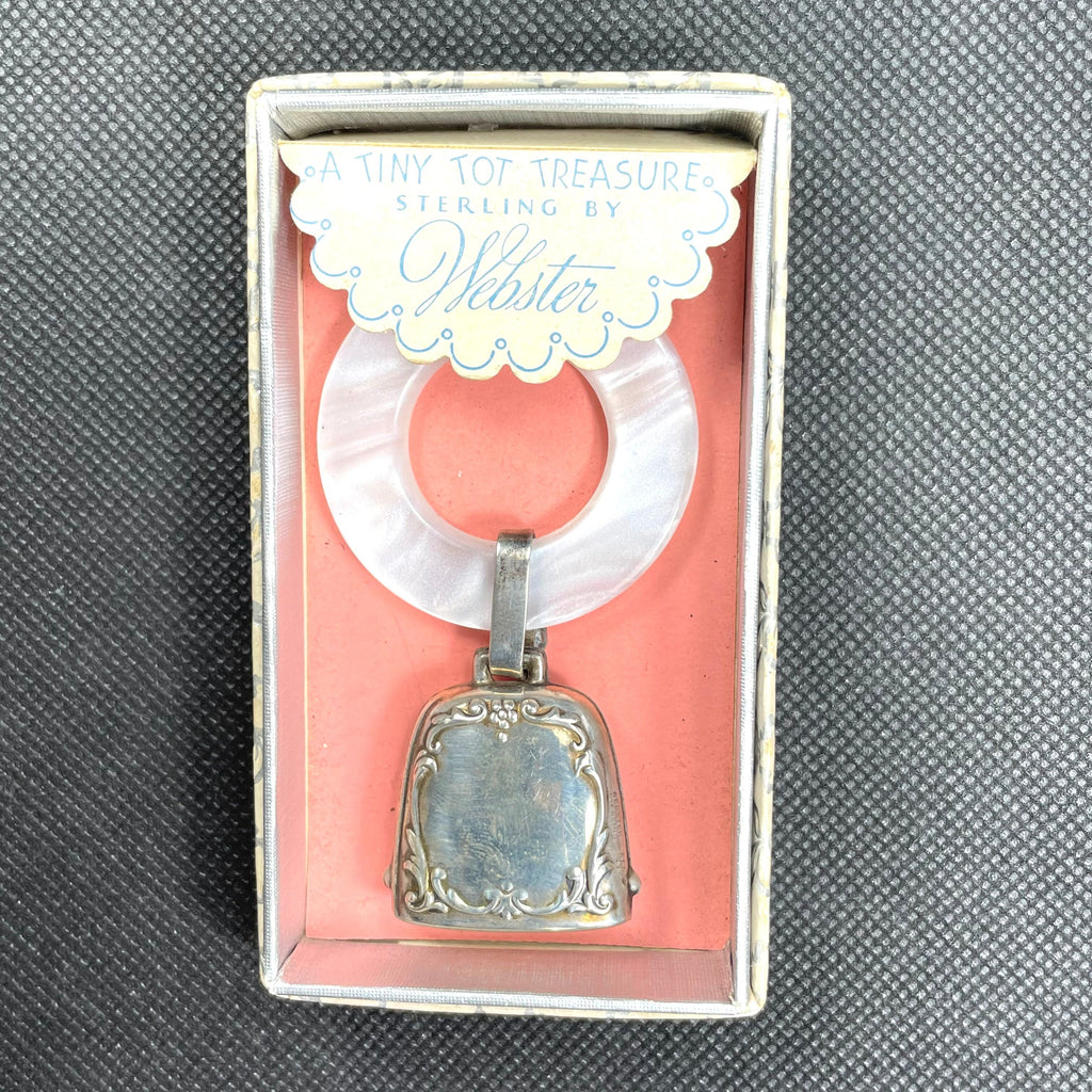 Antique Sterling Silver & Pearlized Teething Ring with Bell – “Tiny Tot Treasure” by Webster – Mint in Original Box (c. 1966)