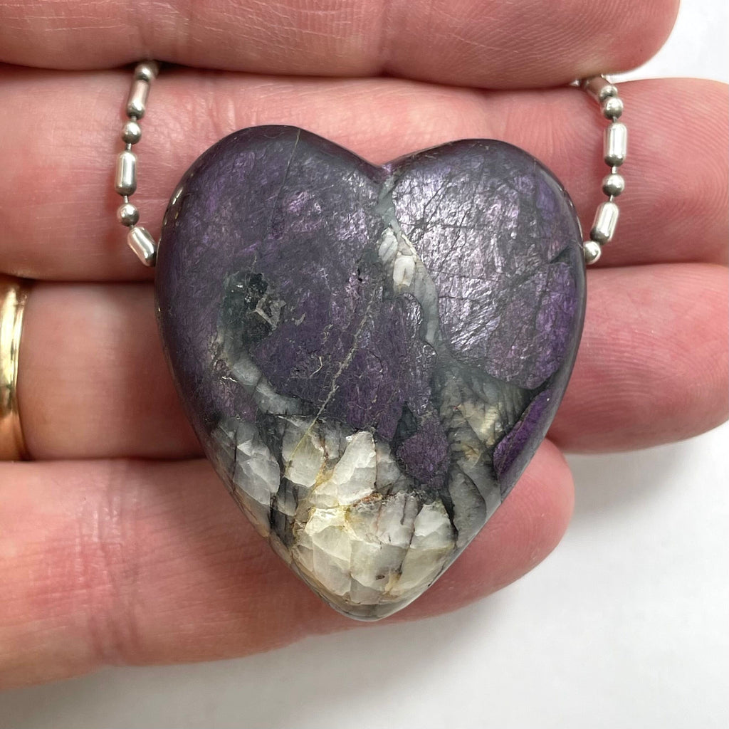 DVH Purpurite Purple Heart Bead Pendant Iridescent w/ Quartz  Namibia 40x35x19 (5885)