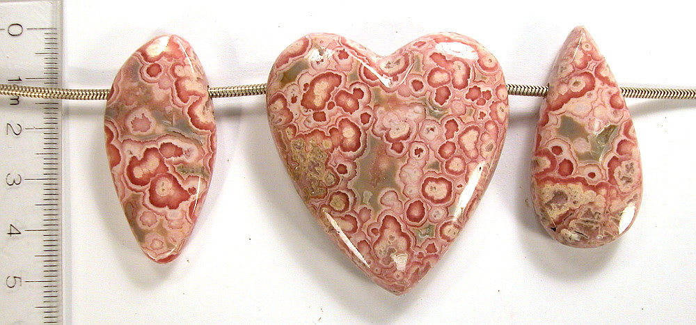 Rhodochrosite Focal Bead Trio; Rough and Finished