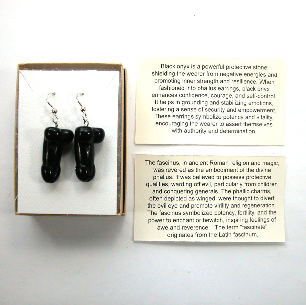 DVH Black Onyx Penis Sterling Earrings Metaphysical Phallus Crystal Fascinus - DVHdesigns
