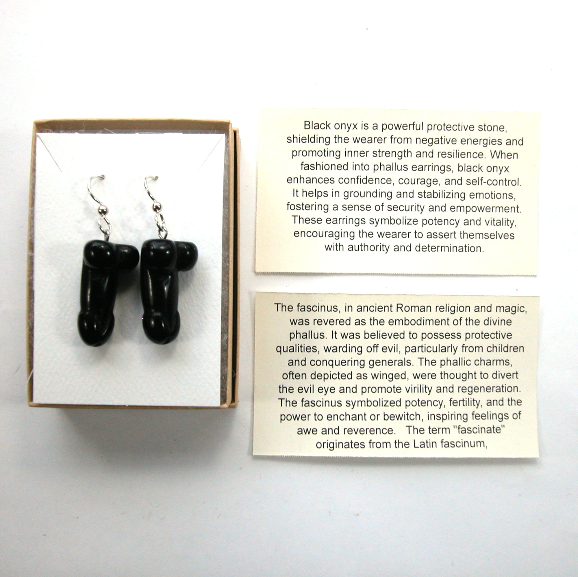 DVH Black Onyx Penis Sterling Earrings Metaphysical Phallus Crystal Fascinus - DVHdesigns