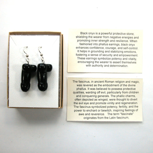 DVH Black Onyx Penis Sterling Earrings Metaphysical Phallus Crystal Fascinus - DVHdesigns
