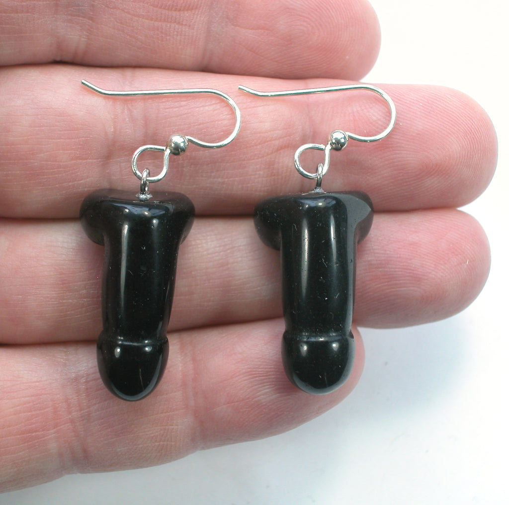 DVH Black Onyx Penis Sterling Earrings Metaphysical Phallus Crystal Fascinus - DVHdesigns
