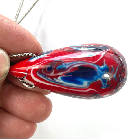 DVH Red, White, & BLue Bowlerite Bowling Ball Bead Patriotic Buzzard & Fish 58x26x18mm (5890)