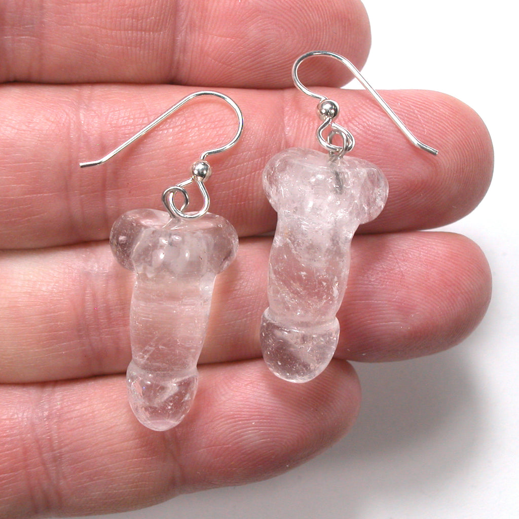 DVH Clear Quartz Crystal Penis Sterling Earrings Metaphysical Phallus Fascinus - DVHdesigns