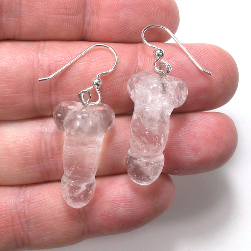DVH Clear Quartz Crystal Penis Sterling Earrings Metaphysical Phallus Fascinus - DVHdesigns