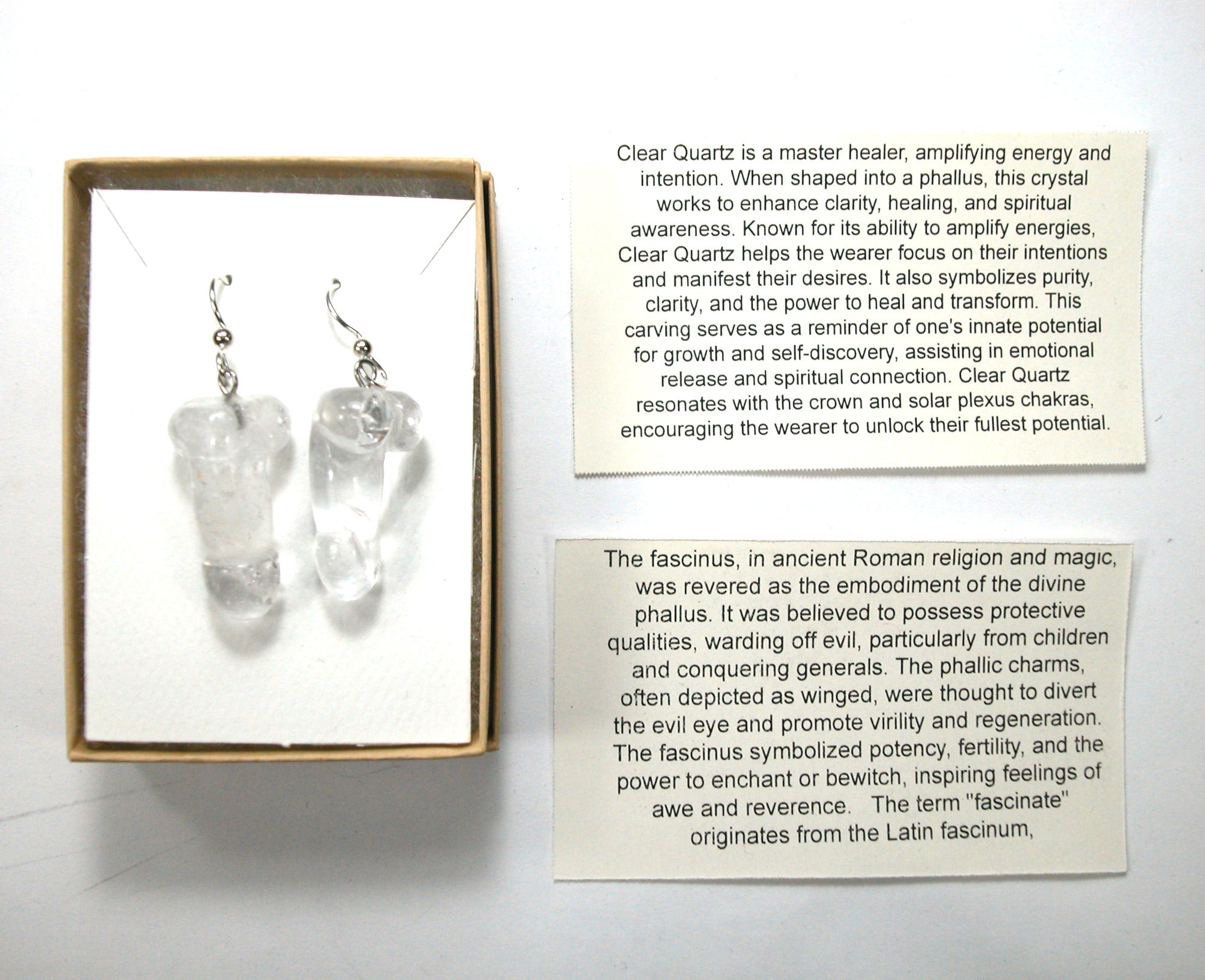 DVH Clear Quartz Crystal Penis Sterling Earrings Metaphysical Phallus Fascinus - DVHdesigns