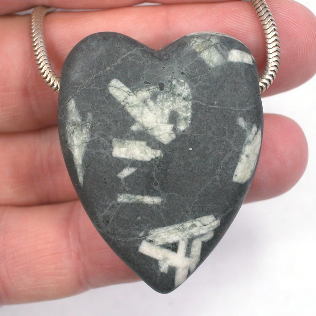DVH Chinese Writing Rock Heart Bead Pendant Cali. Porphyry 47x37x13 (5278) - DVHdesigns