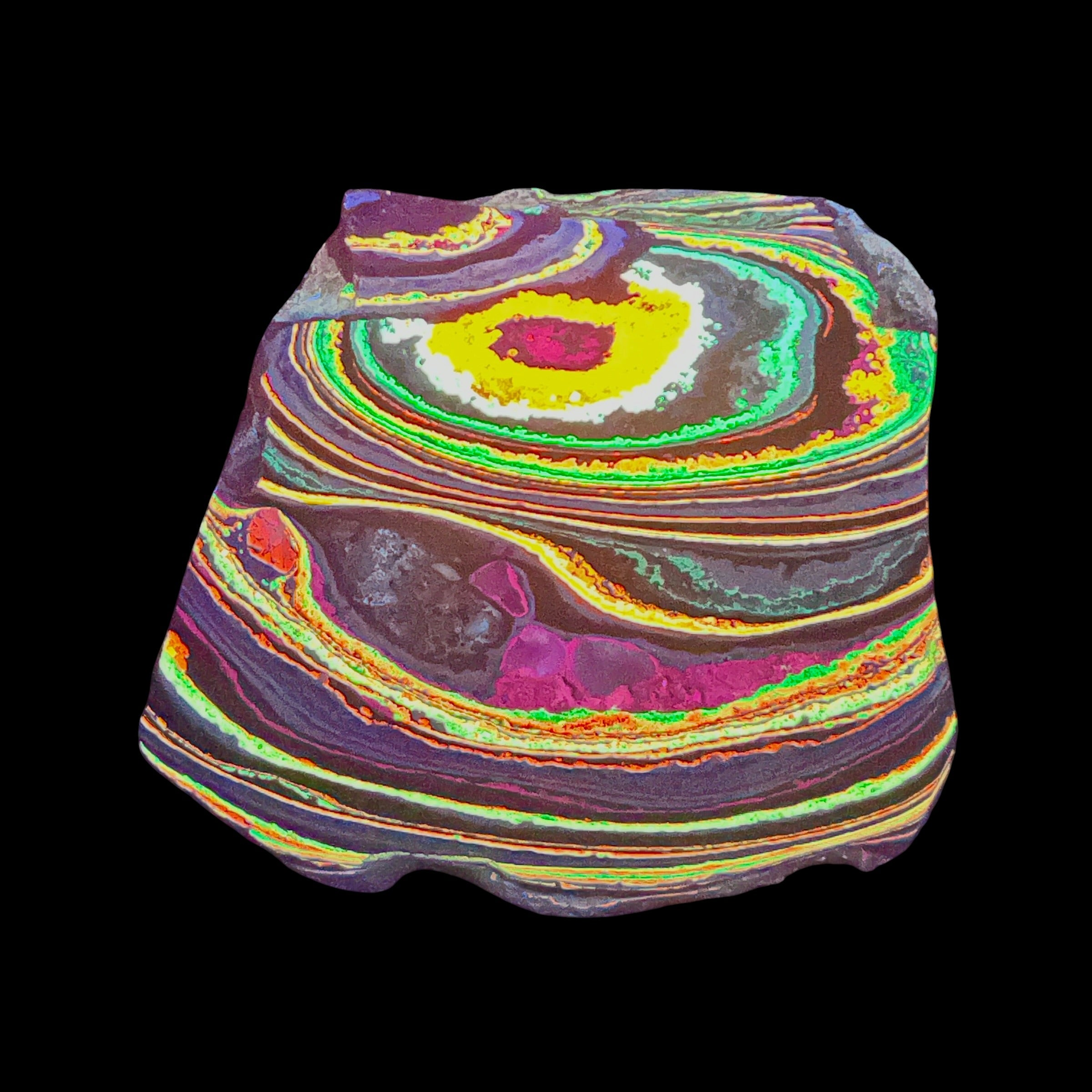 DVH Fluorescent Funkite Polished Face Rough Specimen 70x70x22mm 112g Like Fordite (6638)