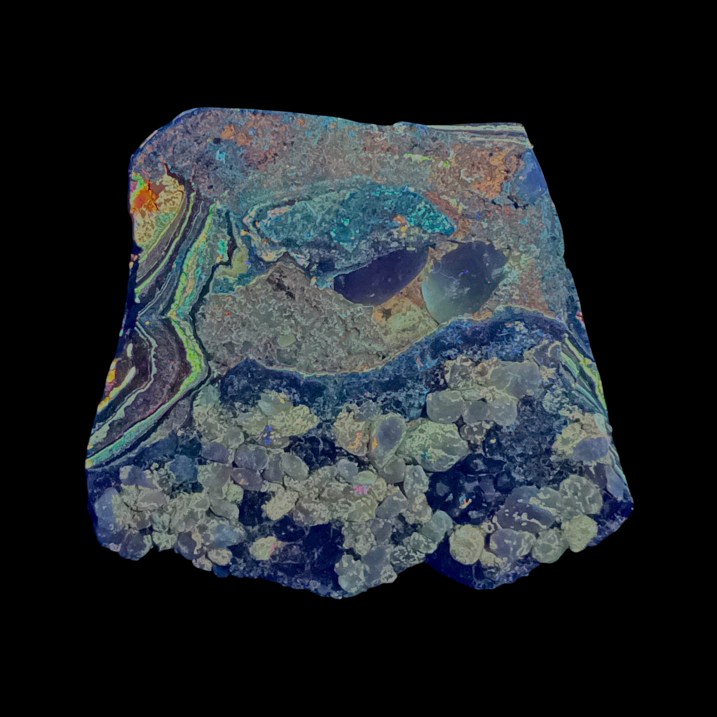 DVH Fluorescent Funkite Polished Face Rough Specimen 70x70x22mm 112g Like Fordite (6638)