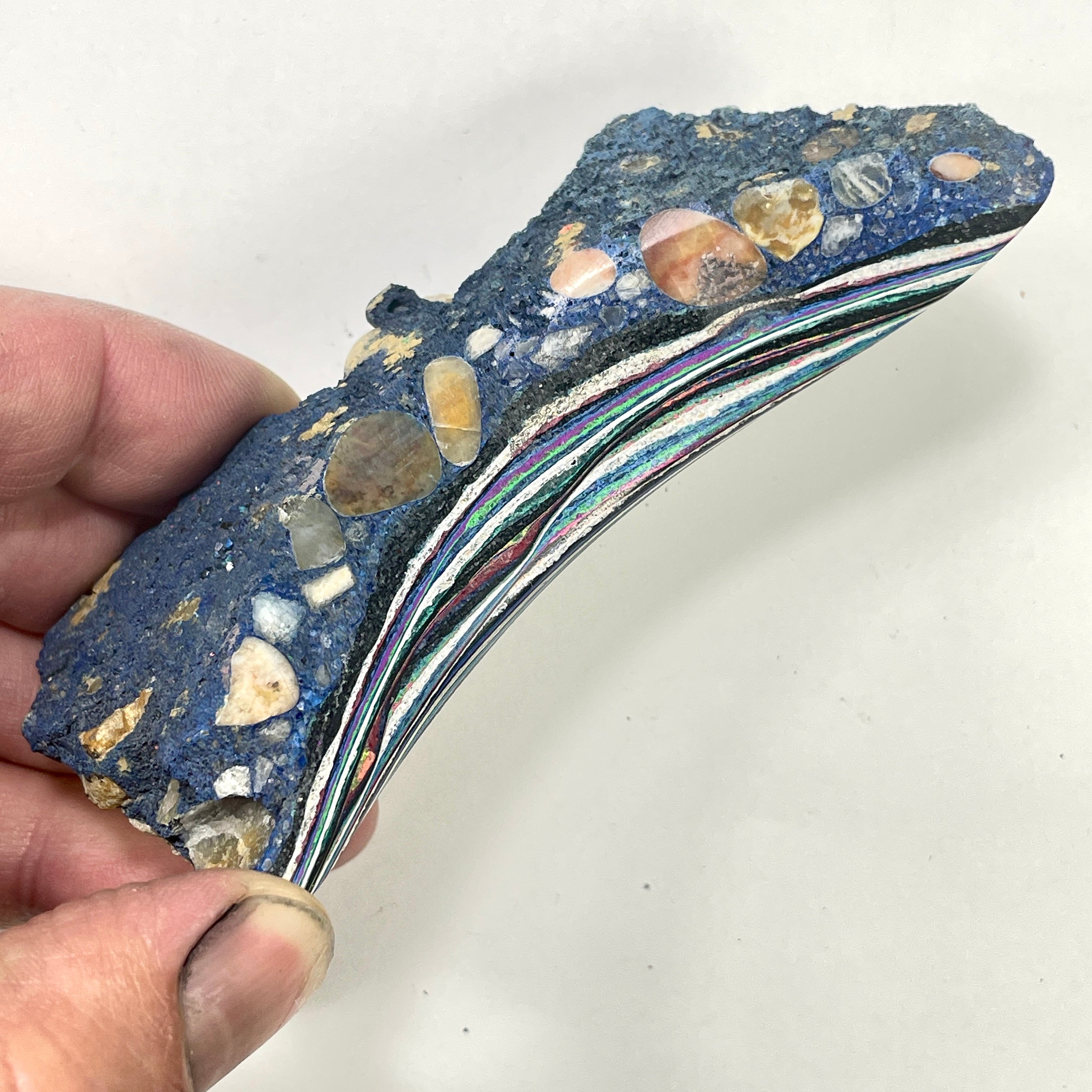 DVH Fluorescent Funkite Polished Face Rough Specimen 91x33x20mm 76g Like Fordite (6639)