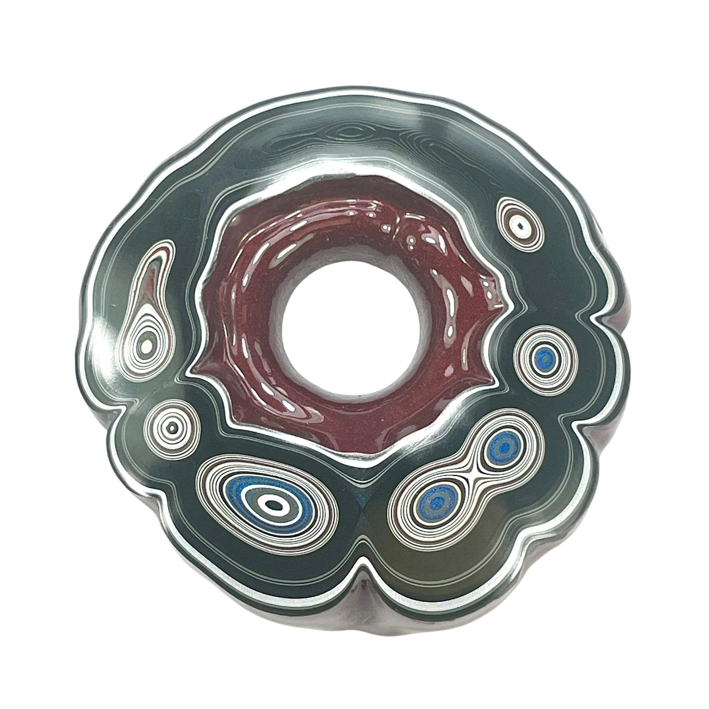 DVH Fordite Specimen Donut Buck Hole Polished Face Michigan Chv Frd Jp (6605) - DVHdesigns