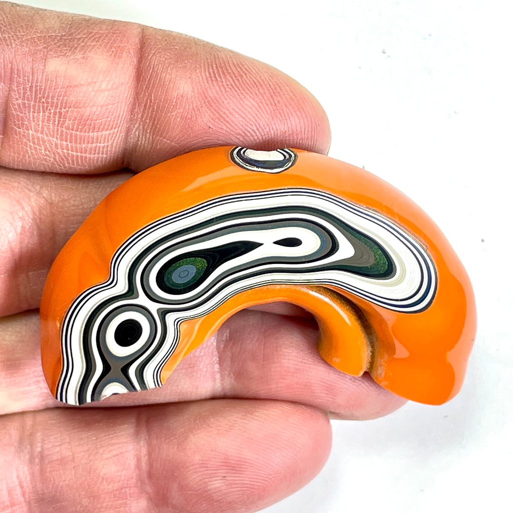 DVH Fordite Specimen Joose Orange 1/2 Donut Buck Hole Polished Face Michigan (6670) - DVHdesigns