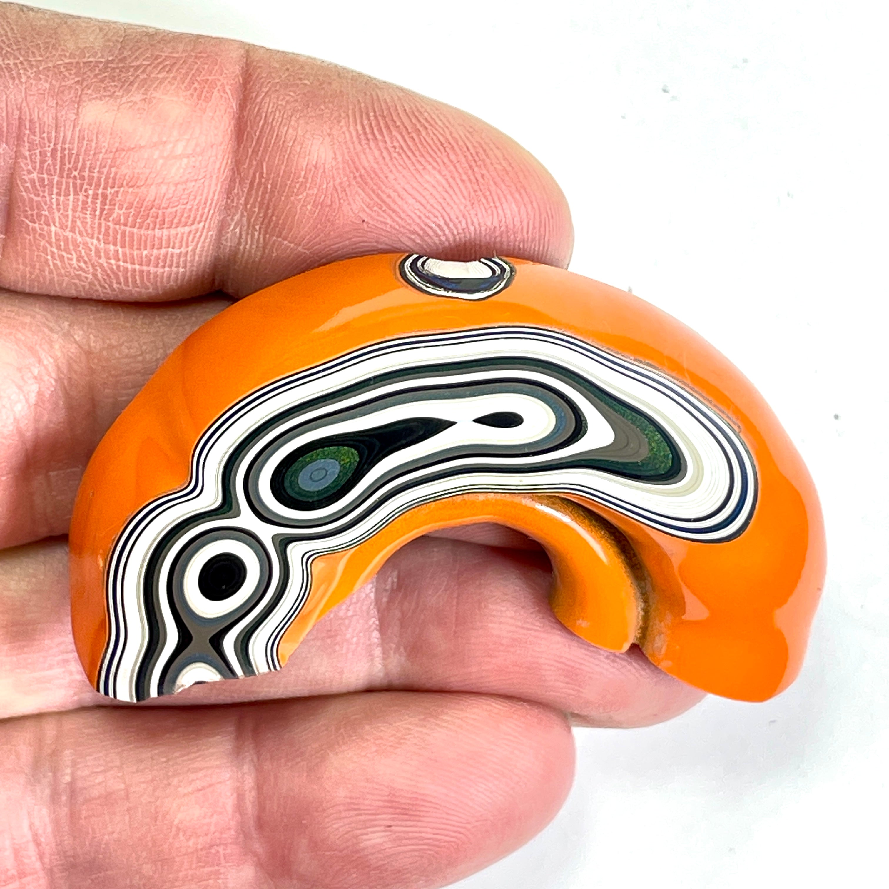 DVH Fordite Specimen Joose Orange 1/2 Donut Buck Hole Polished Face Michigan (6670) - DVHdesigns