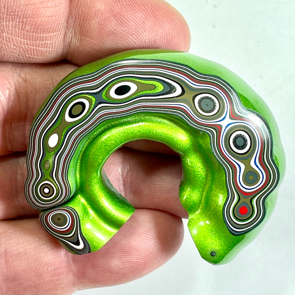 DVH Fordite Specimen 1/2 Donut Buck Hole Polished Face Michigan Chv Frd Jp (6673) - DVHdesigns