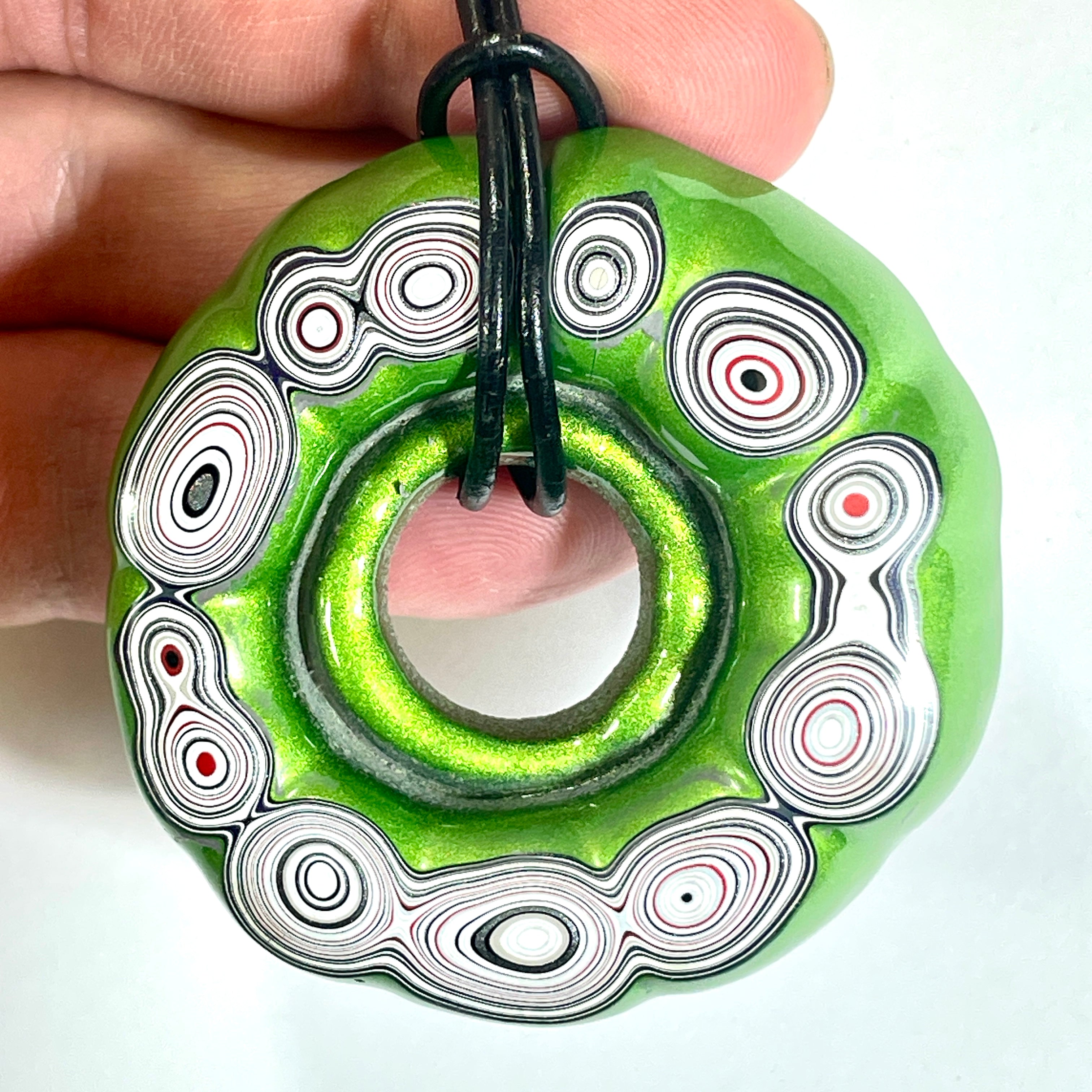 DVH Rare Michigan Mojito Green Jp Fordite Buck Hole Donut Bead Pendant 56mm rd x13 (6762)