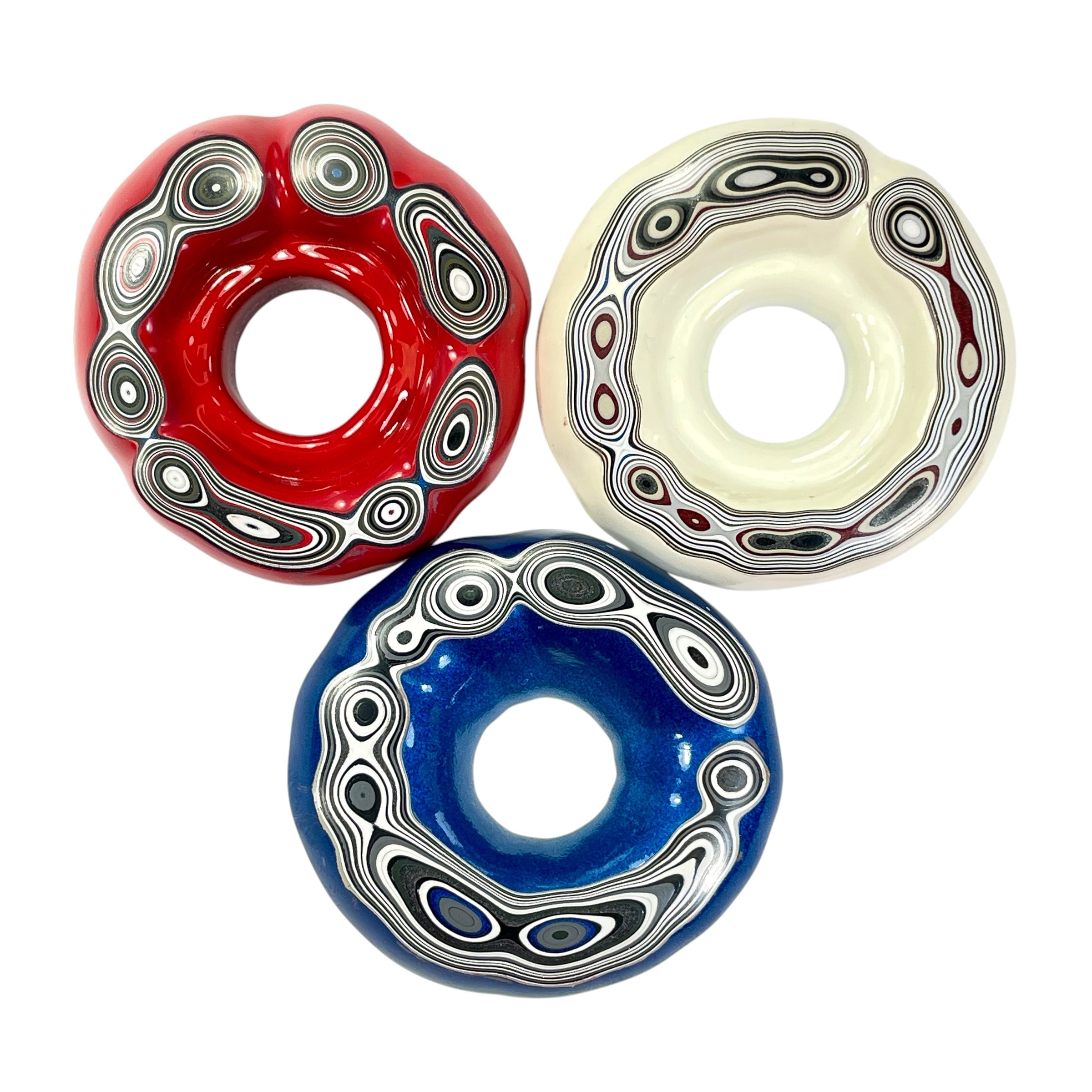 DVH Red White & Blue Fordite Donut Buck Hole Bead Pendant Trio 54mm Round (6769)