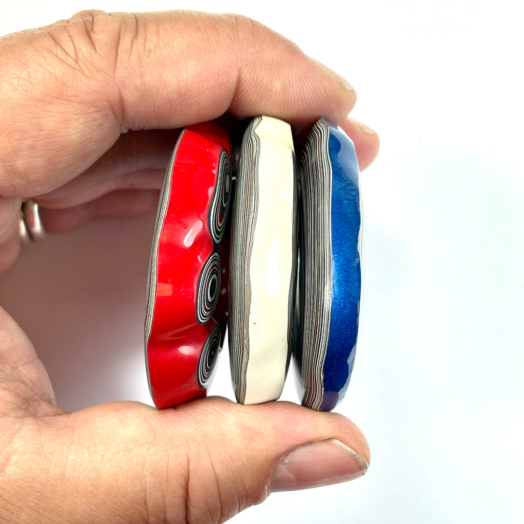 DVH Red White & Blue Fordite Donut Buck Hole Bead Pendant Trio 54mm Round (6769)