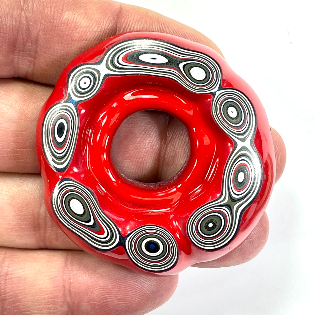 DVH Red White & Blue Fordite Donut Buck Hole Bead Pendant Trio 54mm Round (6769)