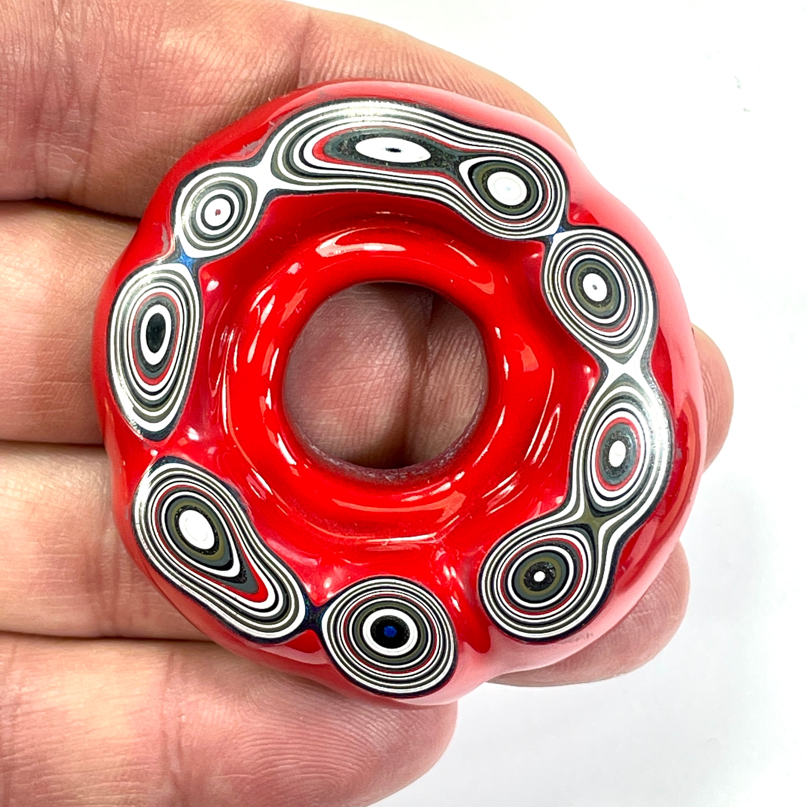 DVH Red White & Blue Fordite Donut Buck Hole Bead Pendant Trio 54mm Round (6769)