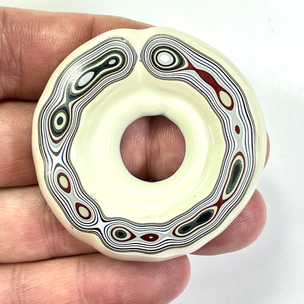 DVH Red White & Blue Fordite Donut Buck Hole Bead Pendant Trio 54mm Round (6769)