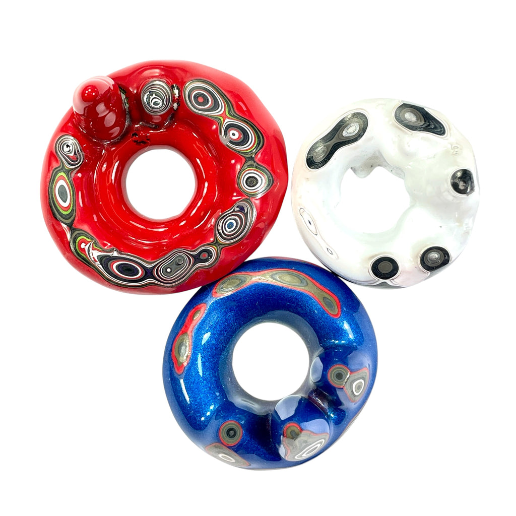 DVH Red White & Blue Fordite Stalactite Donut Bead Pendant Trio 42 to 54mm Round 4th of July Semiquincentennial (6770)