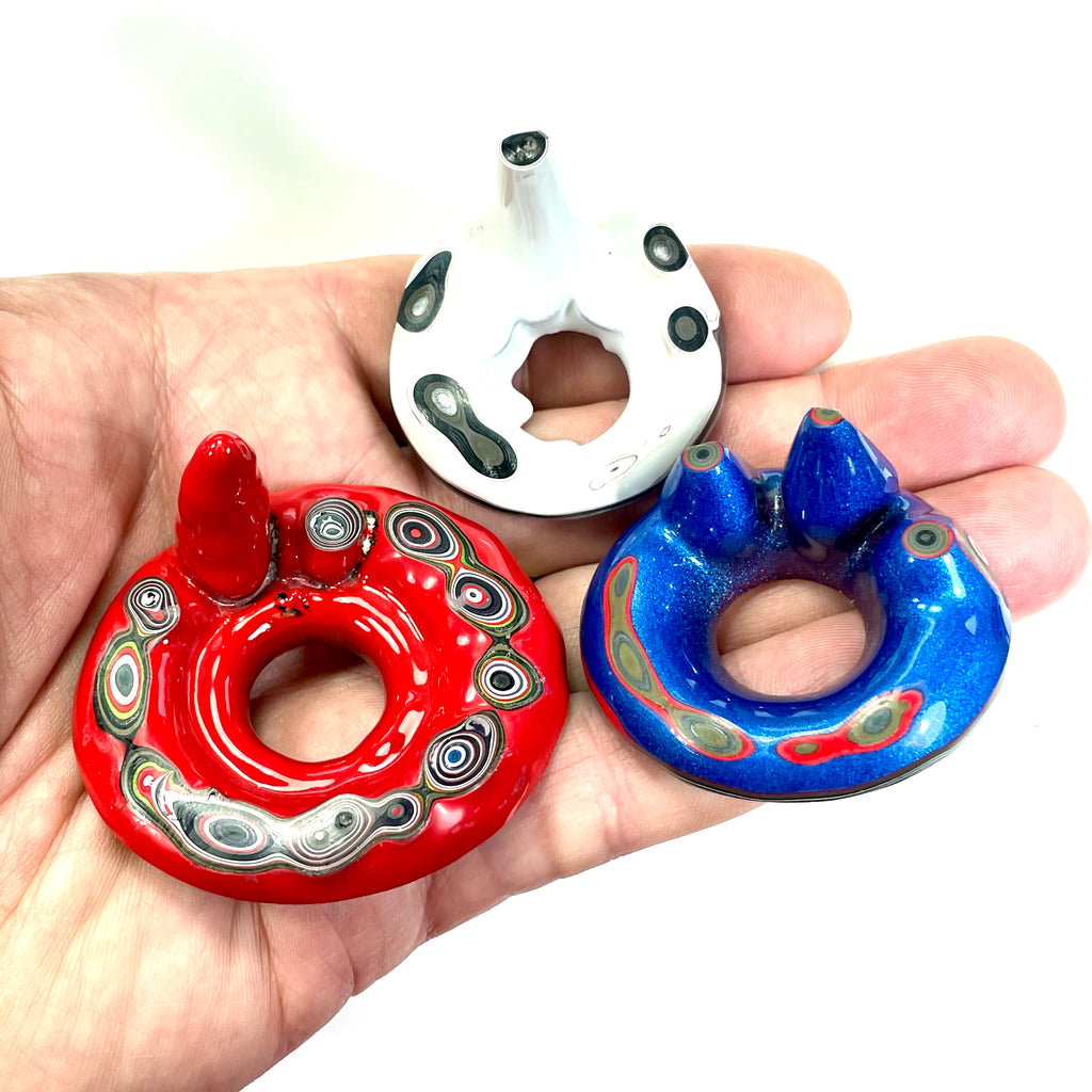 DVH Red White & Blue Fordite Stalactite Donut Bead Pendant Trio 42 to 54mm Round 4th of July Semiquincentennial (6770)