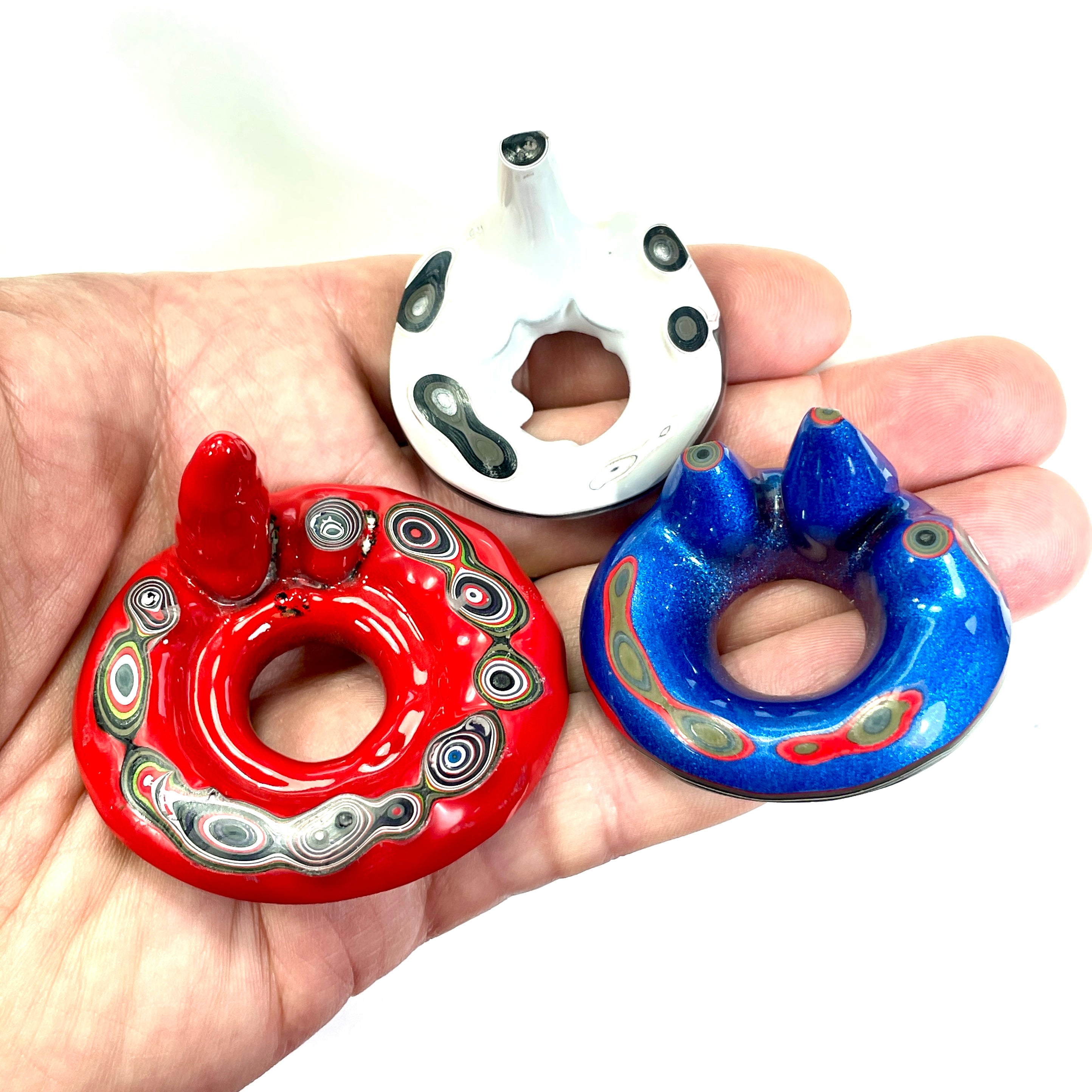 DVH Red White & Blue Fordite Stalactite Donut Bead Pendant Trio 42 to 54mm Round 4th of July Semiquincentennial (6770)