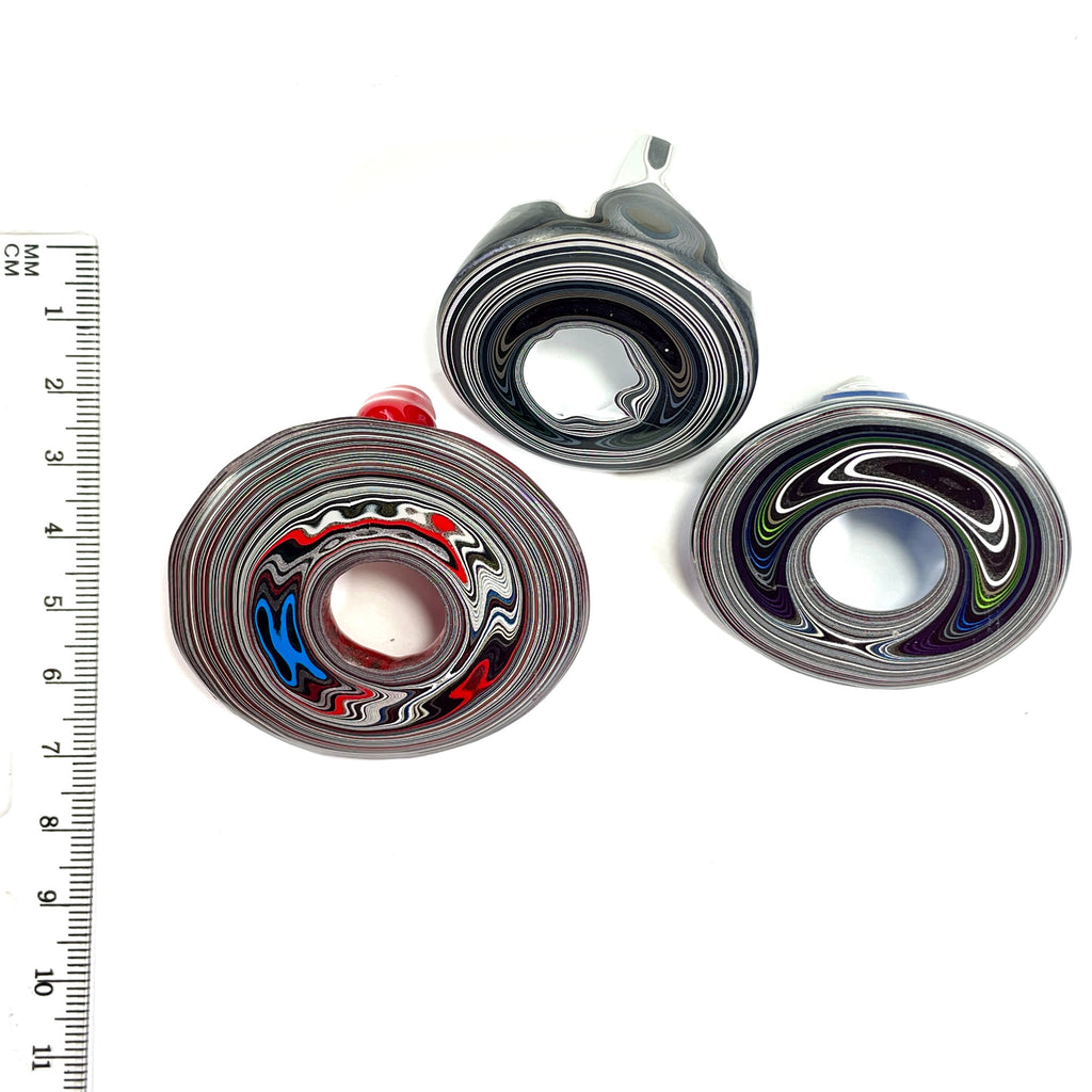 DVH Red White & Blue Fordite Stalactite Donut Bead Pendant Trio 42 to 54mm Round 4th of July Semiquincentennial (6770)