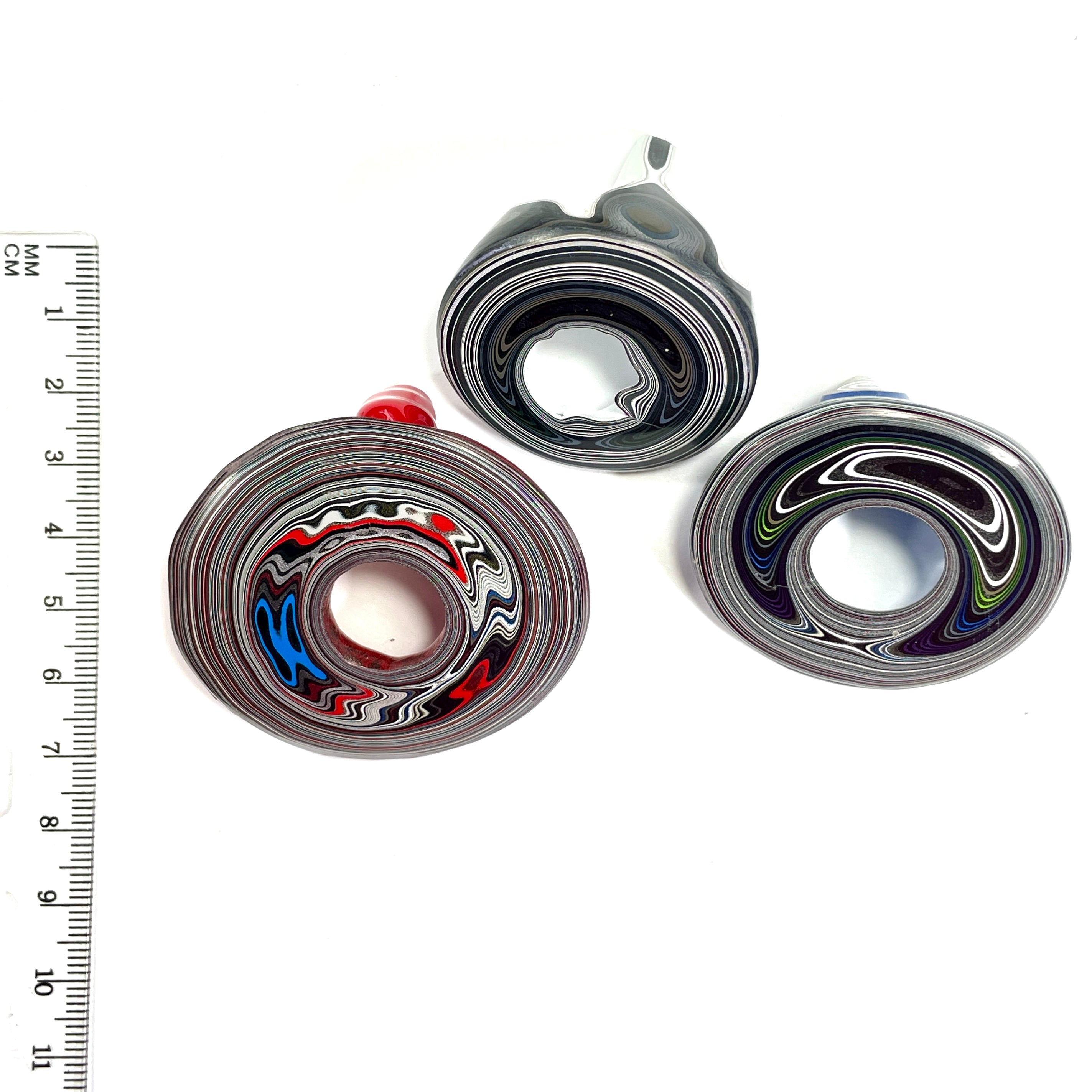 DVH Red White & Blue Fordite Stalactite Donut Bead Pendant Trio 42 to 54mm Round 4th of July Semiquincentennial (6770)