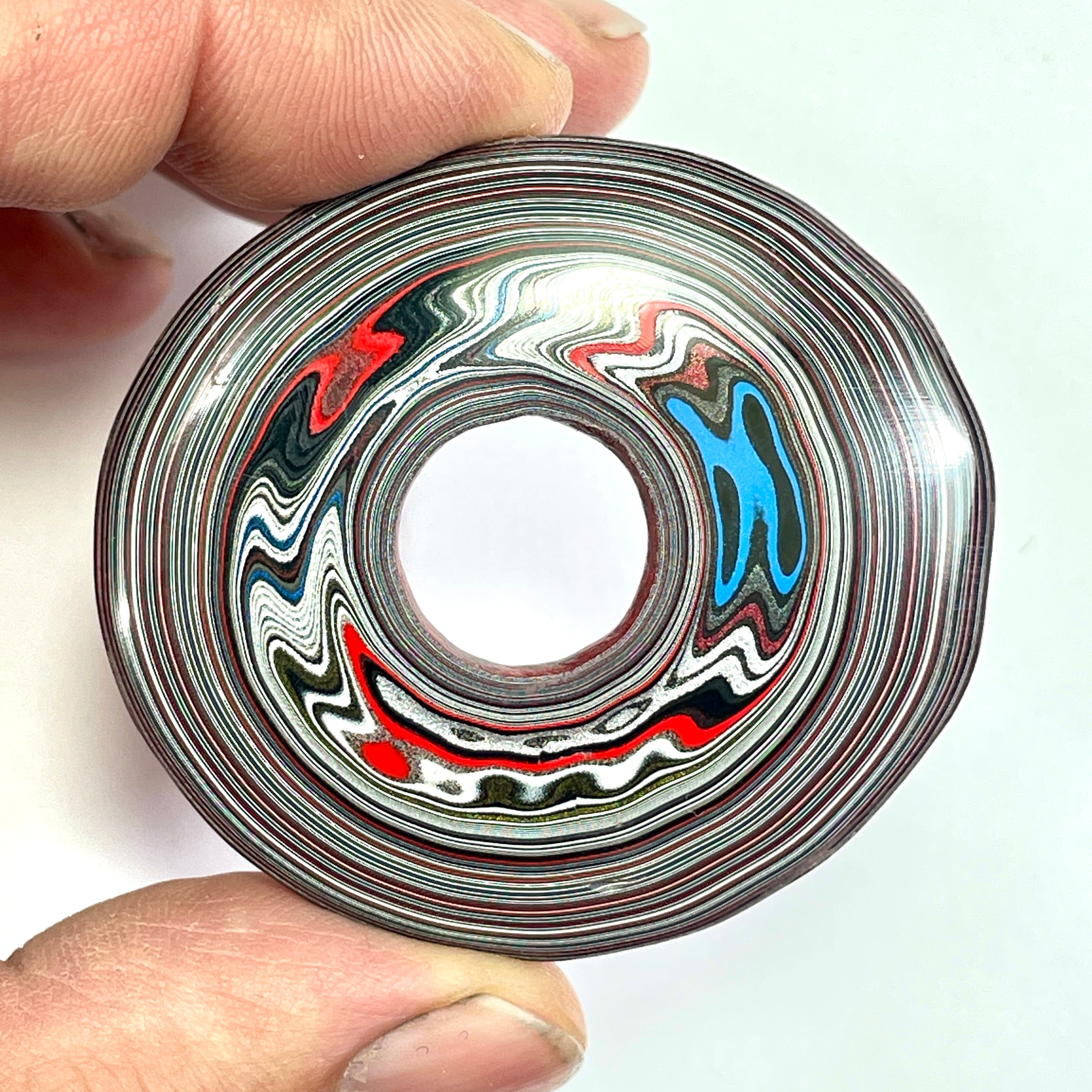 DVH Red White & Blue Fordite Stalactite Donut Bead Pendant Trio 42 to 54mm Round 4th of July Semiquincentennial (6770)