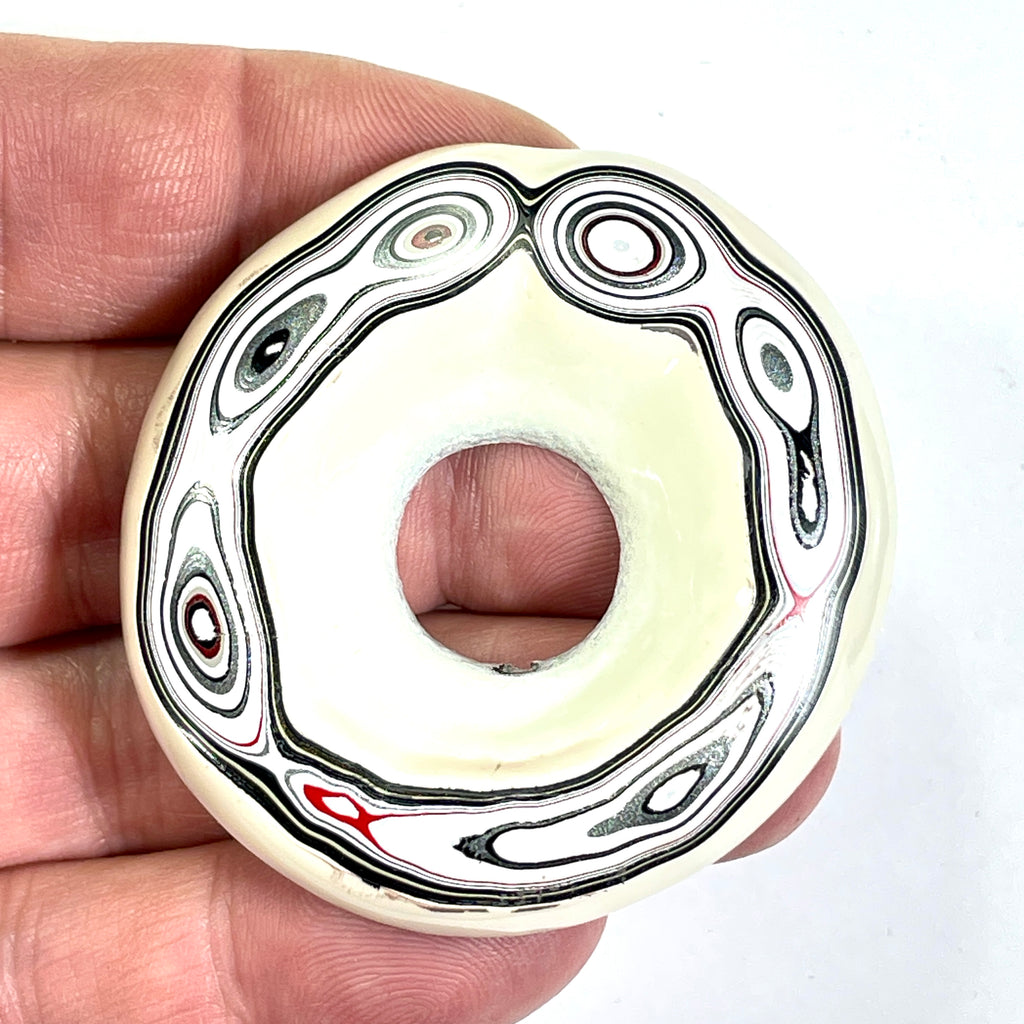 DVH Red White & Blue Fordite Donut Buck Hole Bead Pendant Trio 50-55mm Round (6771)