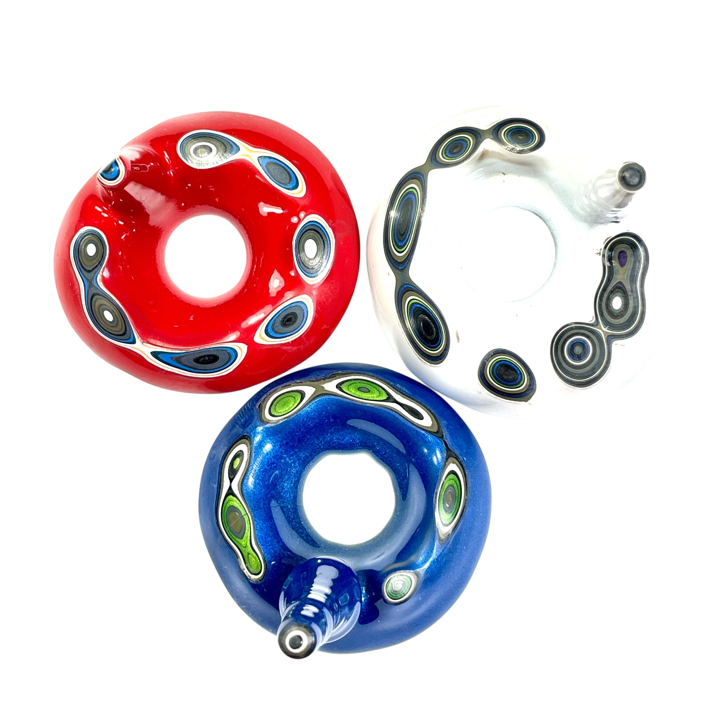 DVH Red White & Blue Fordite Stalactite Donut Bead Pendant Trio 54mm Round (6772)