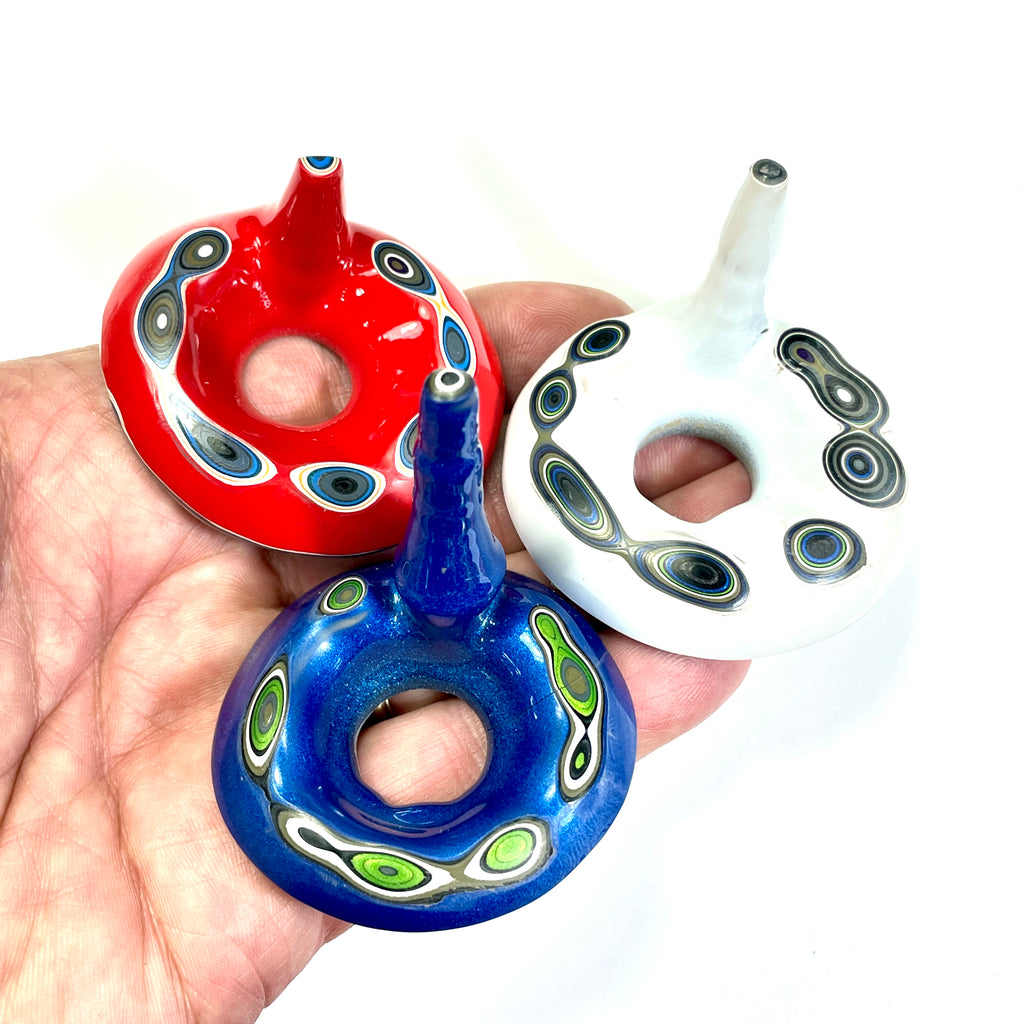 DVH Red White & Blue Fordite Stalactite Donut Bead Pendant Trio 54mm Round (6772)