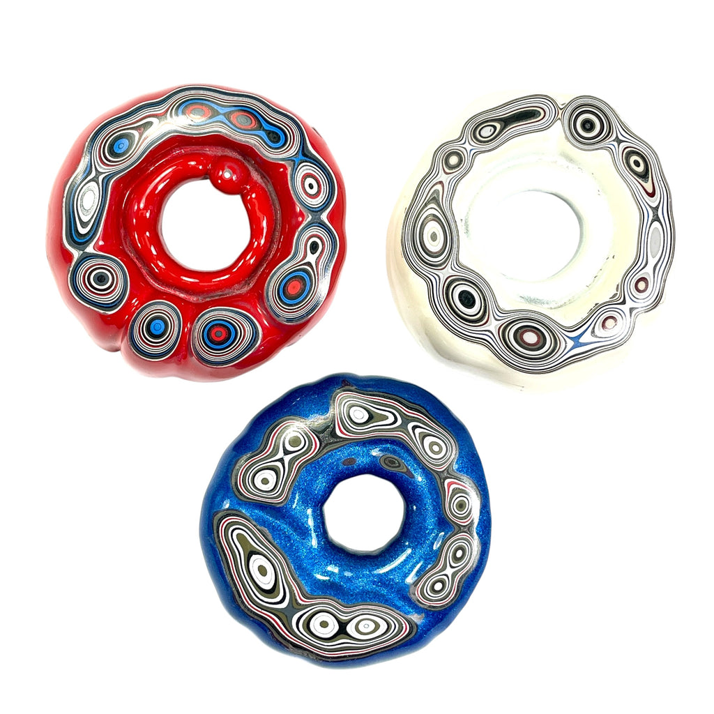 DVH Red White & Blue Fordite Donut Buck Hole Specimen Trio  54mm Round (6773)