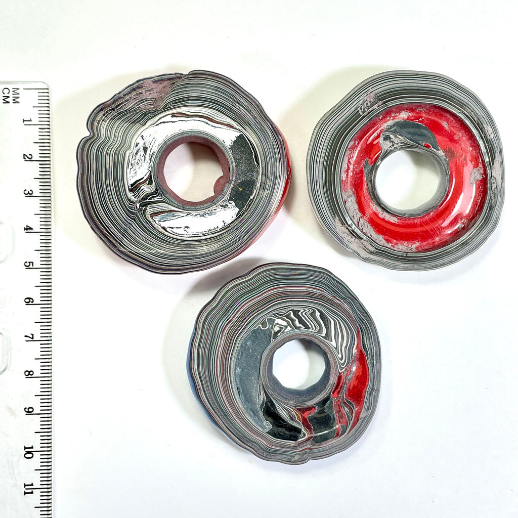 DVH Red White & Blue Fordite Donut Buck Hole Specimen Trio  54mm Round (6773)