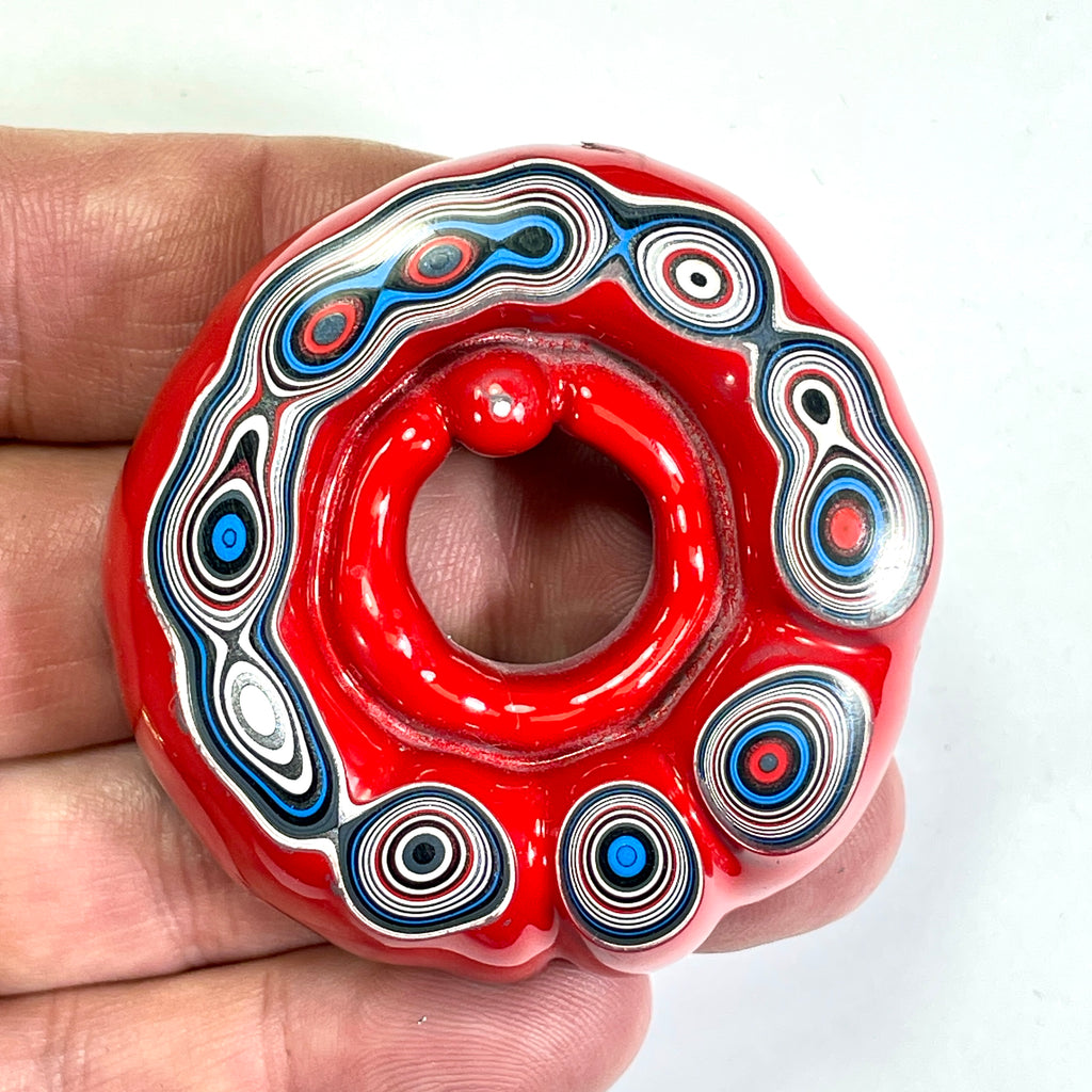 DVH Red White & Blue Fordite Donut Buck Hole Specimen Trio  54mm Round (6773)