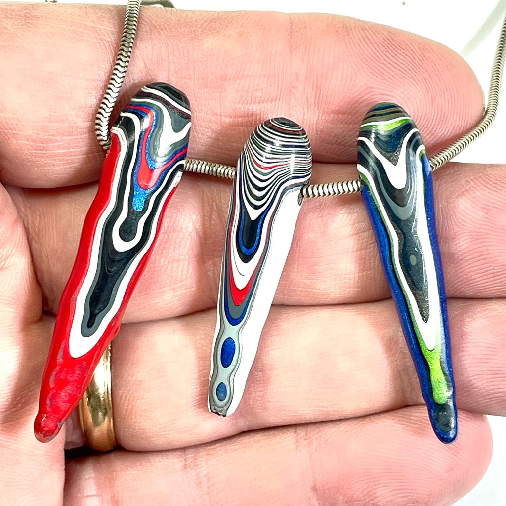 DVH Red White & Blue Fordite Stalactite Bead Pendant Trio 4th of July (6776)