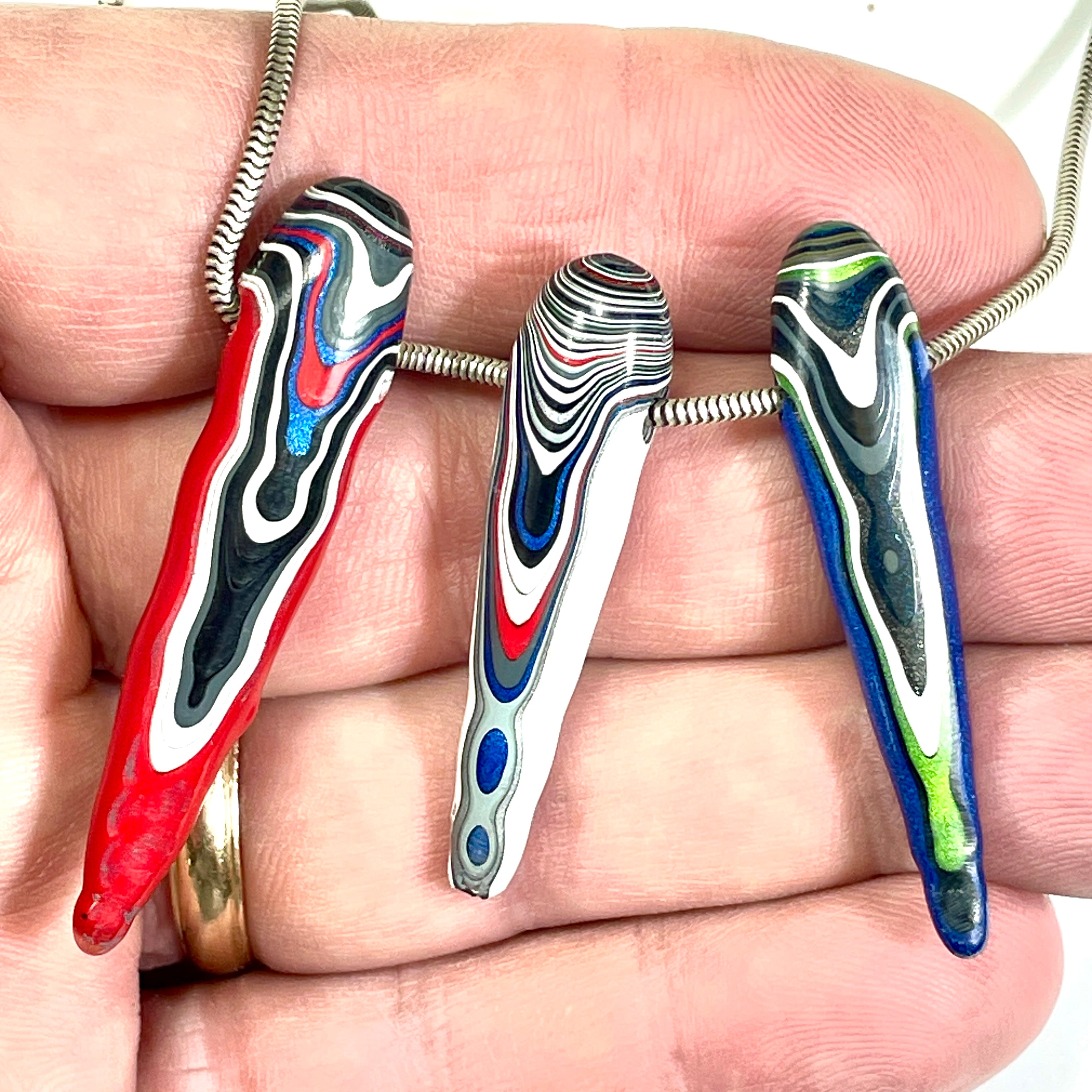 DVH Red White & Blue Fordite Stalactite Bead Pendant Trio 4th of July (6776)