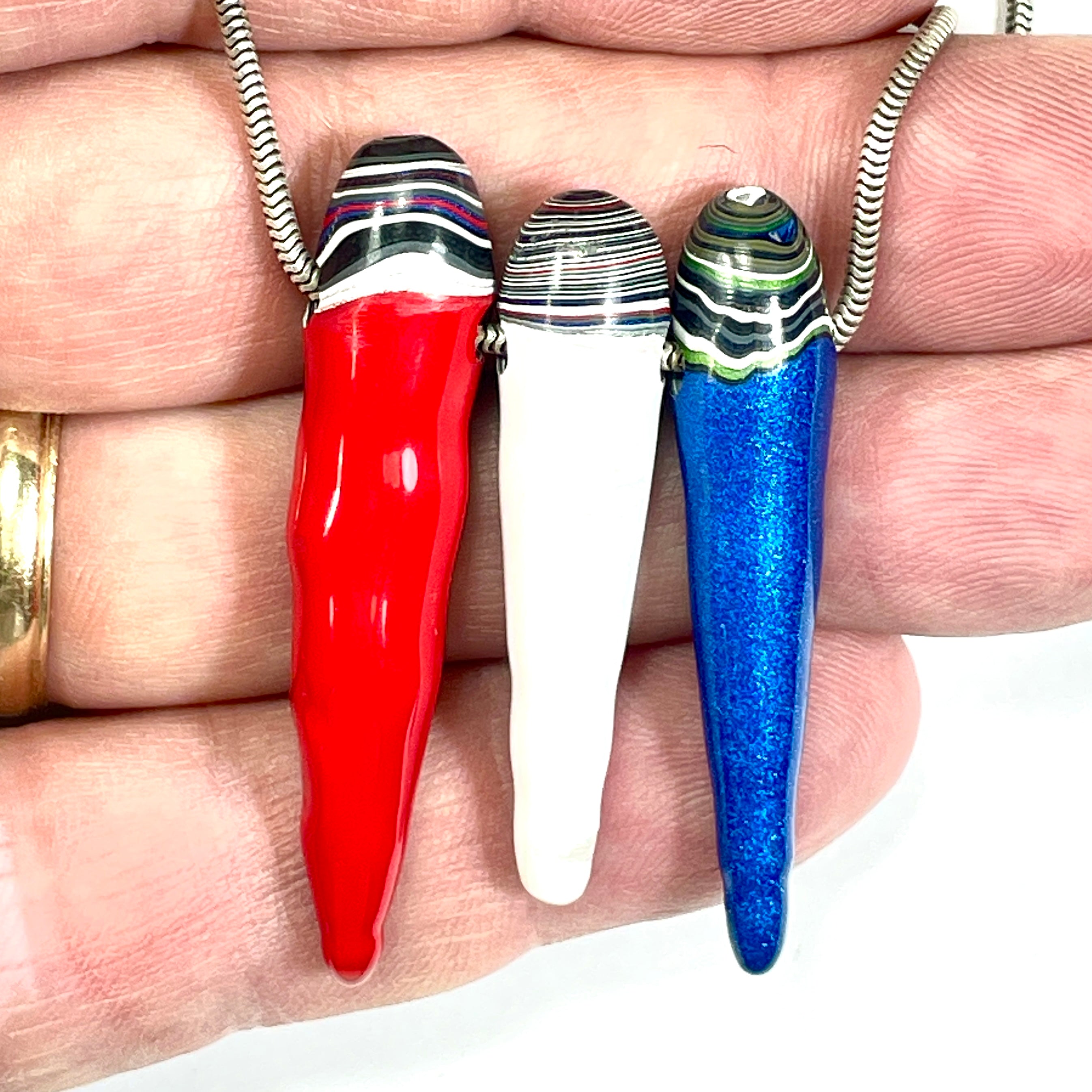 DVH Red White & Blue Fordite Stalactite Bead Pendant Trio 4th of July (6776)