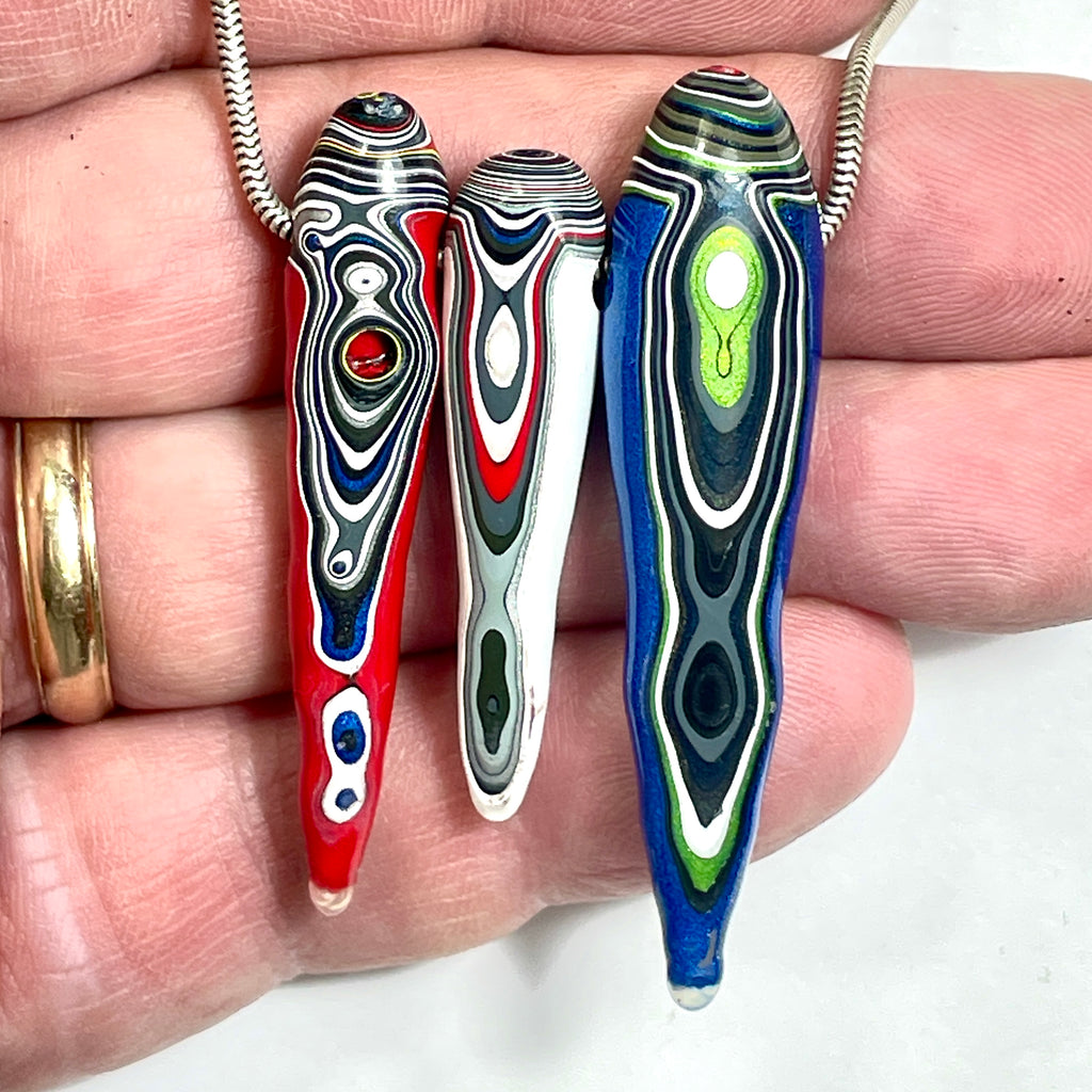 DVH Red White & Blue Fordite Stalactite Bead Pendant Trio 4th of July (6777)