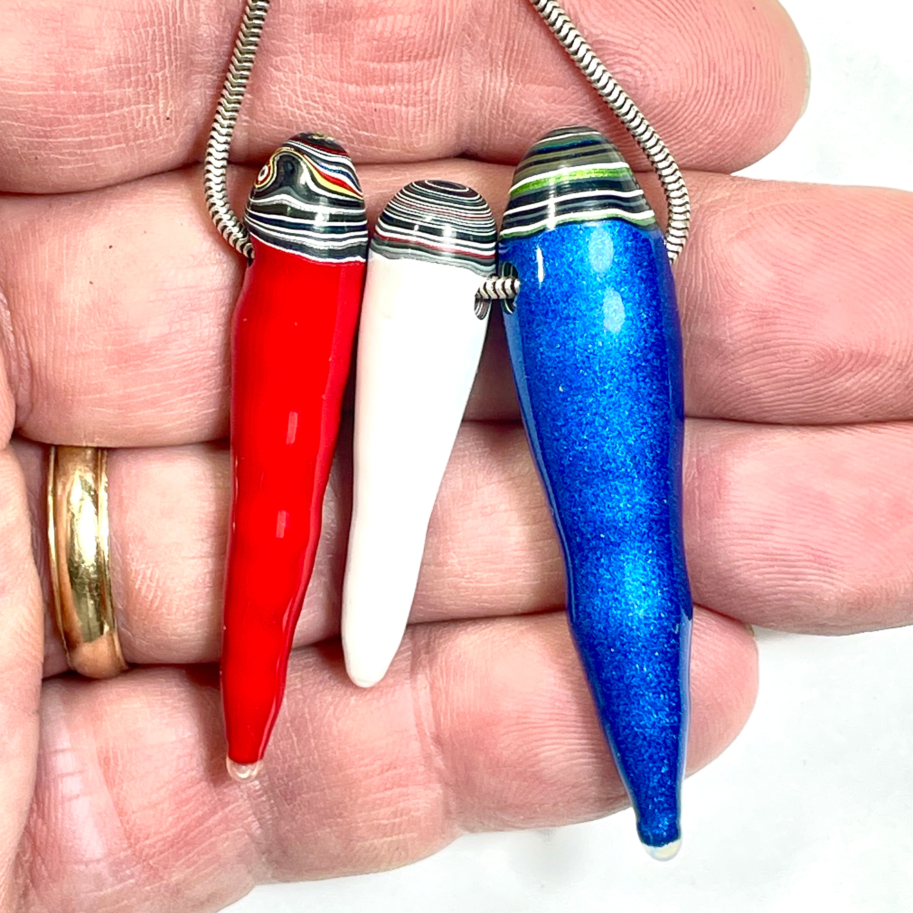 DVH Red White & Blue Fordite Stalactite Bead Pendant Trio 4th of July (6777)