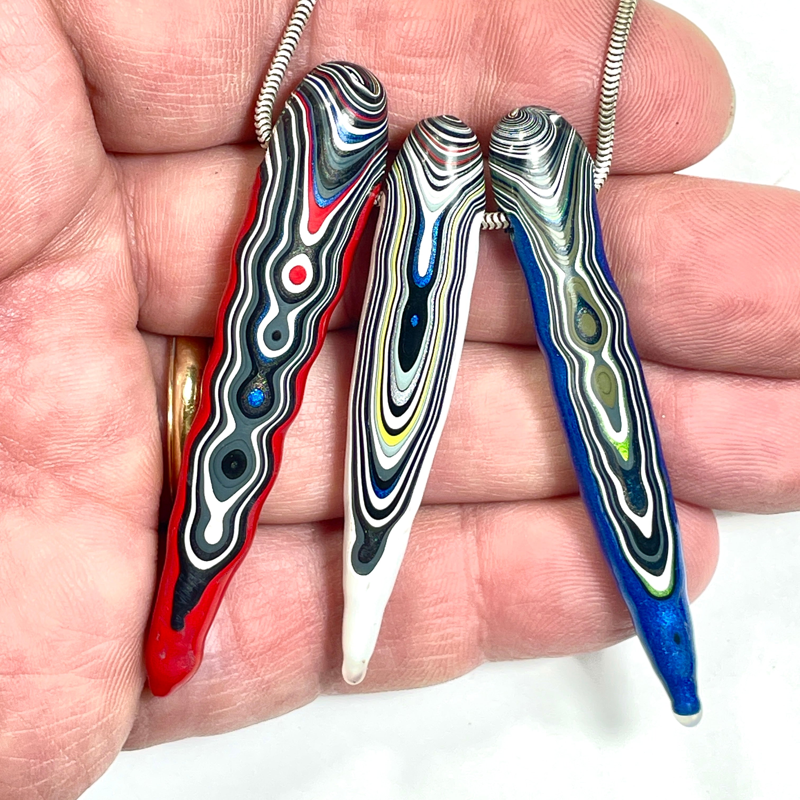 DVH Red White & Blue Fordite Stalactite Bead Pendant Trio 4th of July (6778)