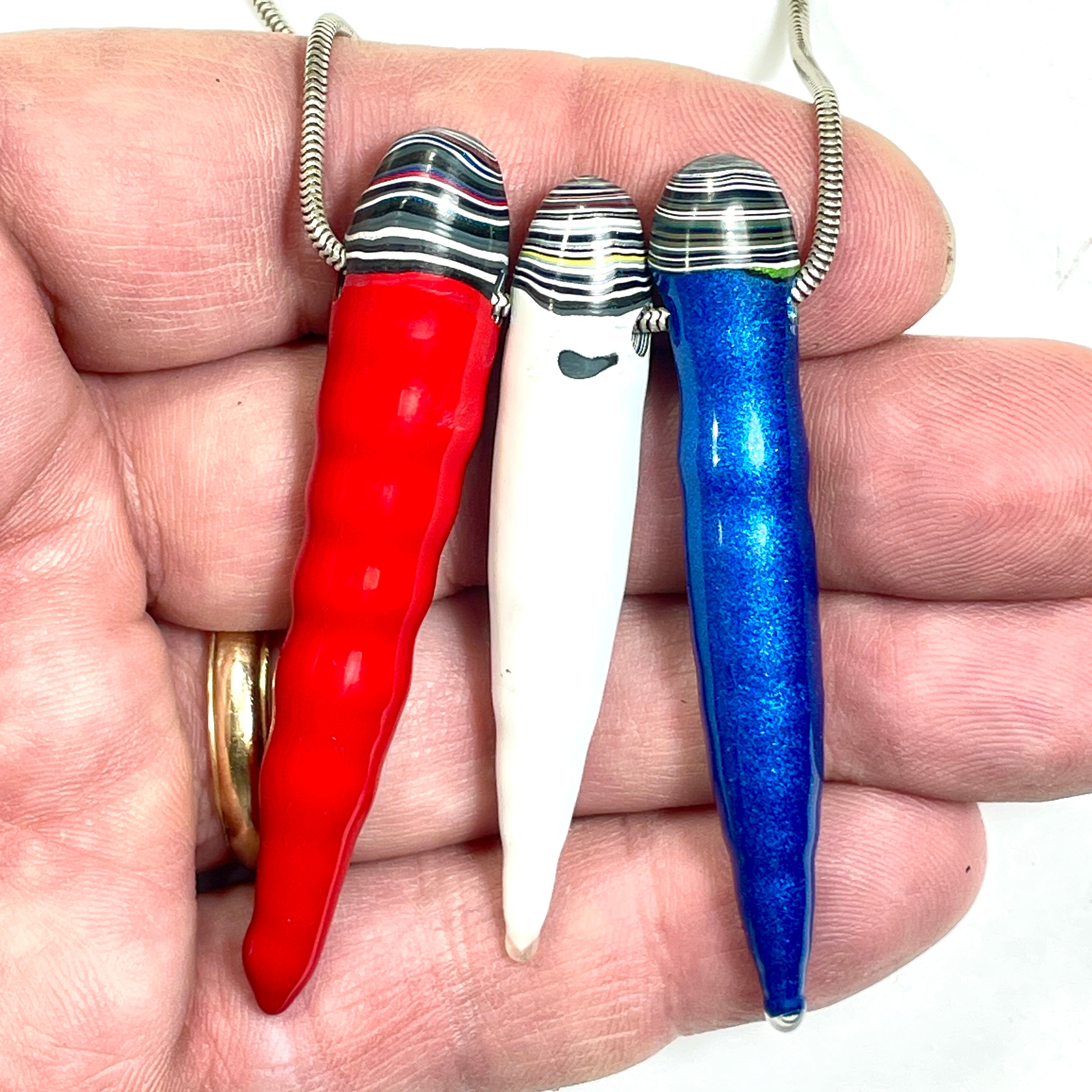 DVH Red White & Blue Fordite Stalactite Bead Pendant Trio 4th of July (6778)