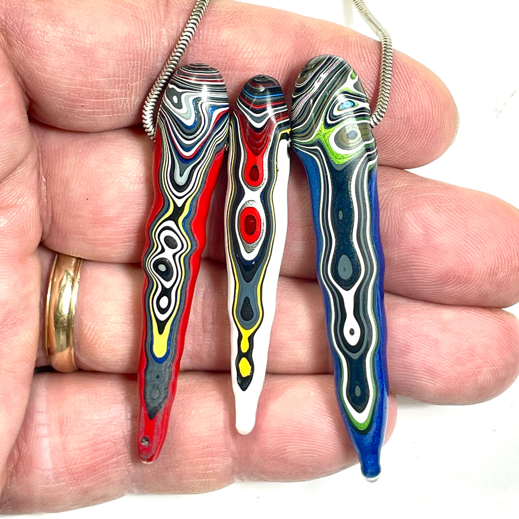 DVH Red White & Blue Fordite Stalactite Bead Pendant Trio 4th of July (6779)