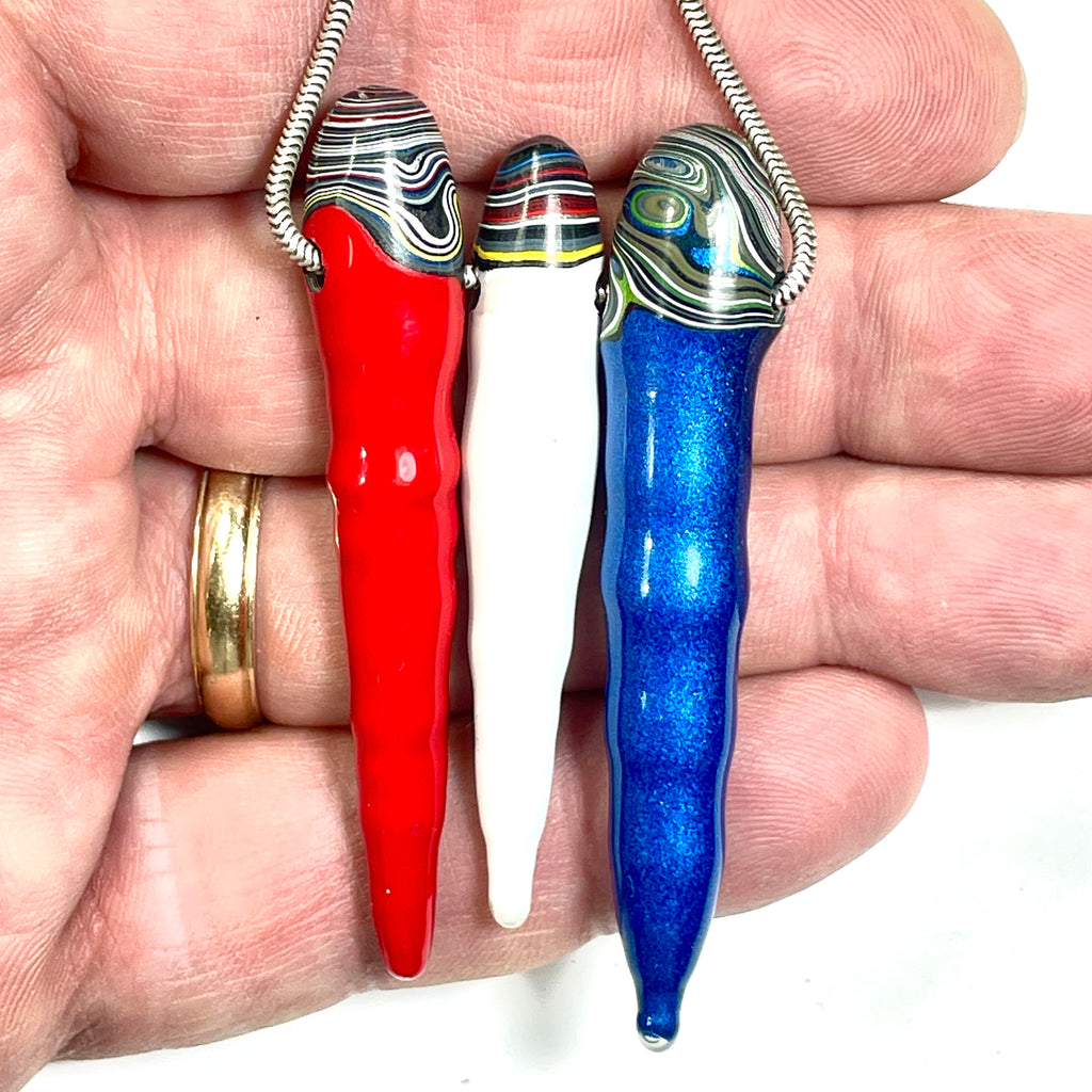 DVH Red White & Blue Fordite Stalactite Bead Pendant Trio 4th of July (6779)