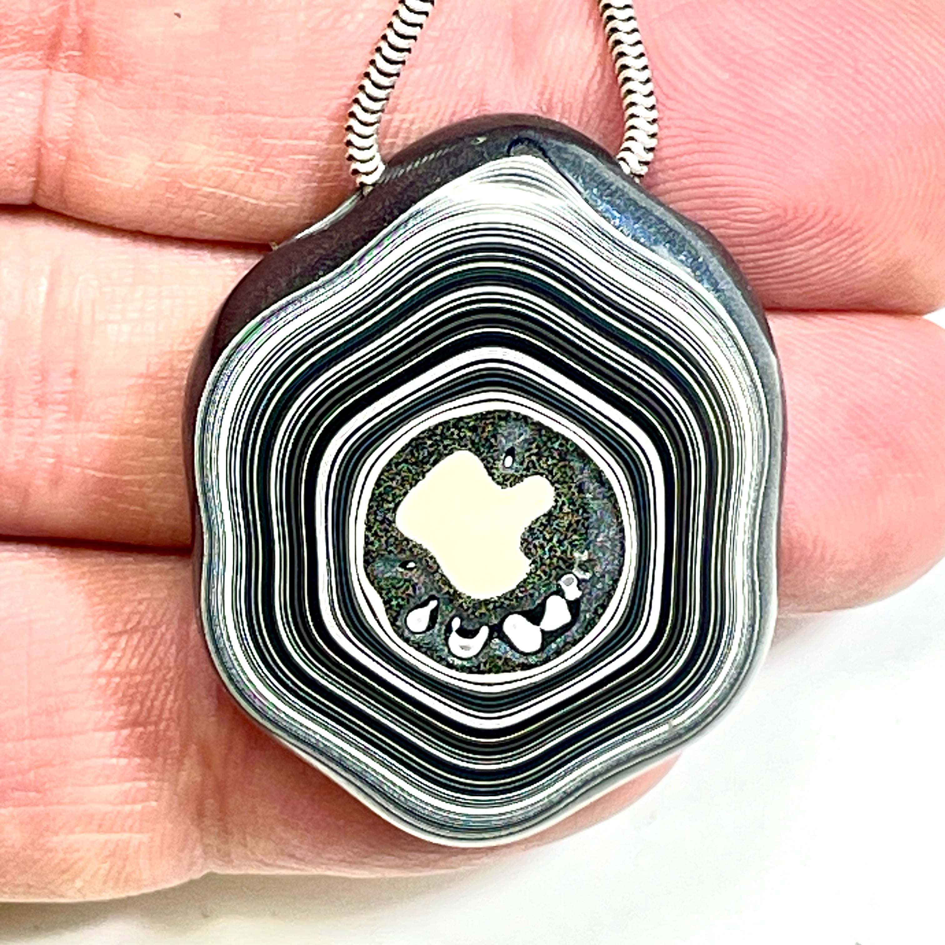 DVH Rare Michigan Fordite Hex Bolt Bead Pendant Chv Frd Jp 36x30x9mm (6790)