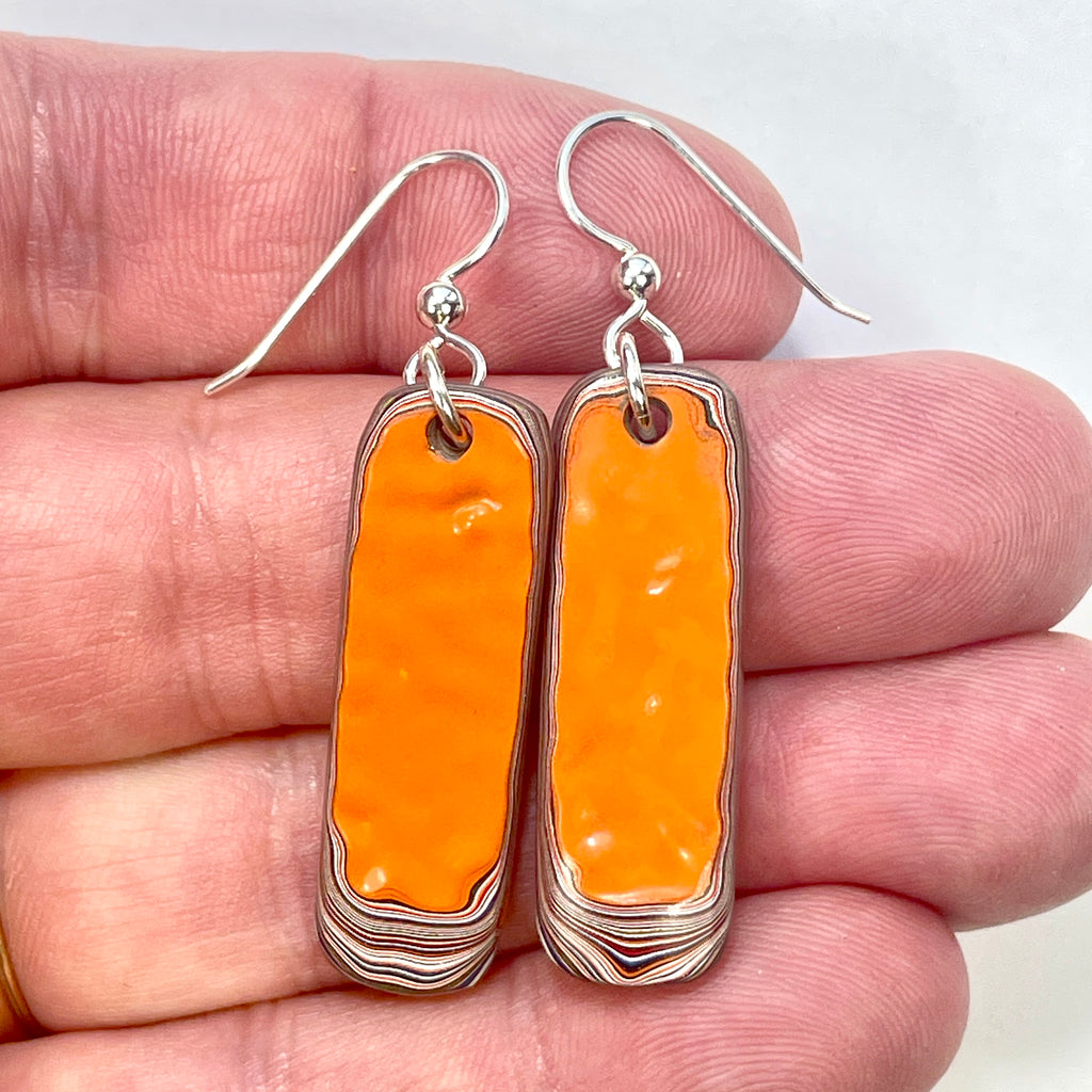 DVH Orange Joose Jp Genuine Fordite Earrings Sterling French Wires 35x12x4mm (6875)