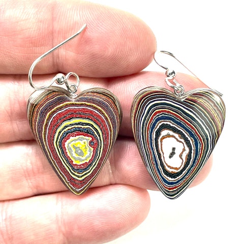 DVH Genuine Corvette Fordite Heart Earrings Sterling French Wires 32x25x5mm (6059)